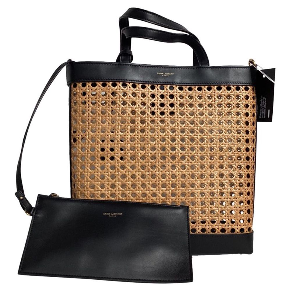 Saint Laurent Shopping Toy Leather-Trimmed Straw Tote In Brown Straw - Picture 2 of 10